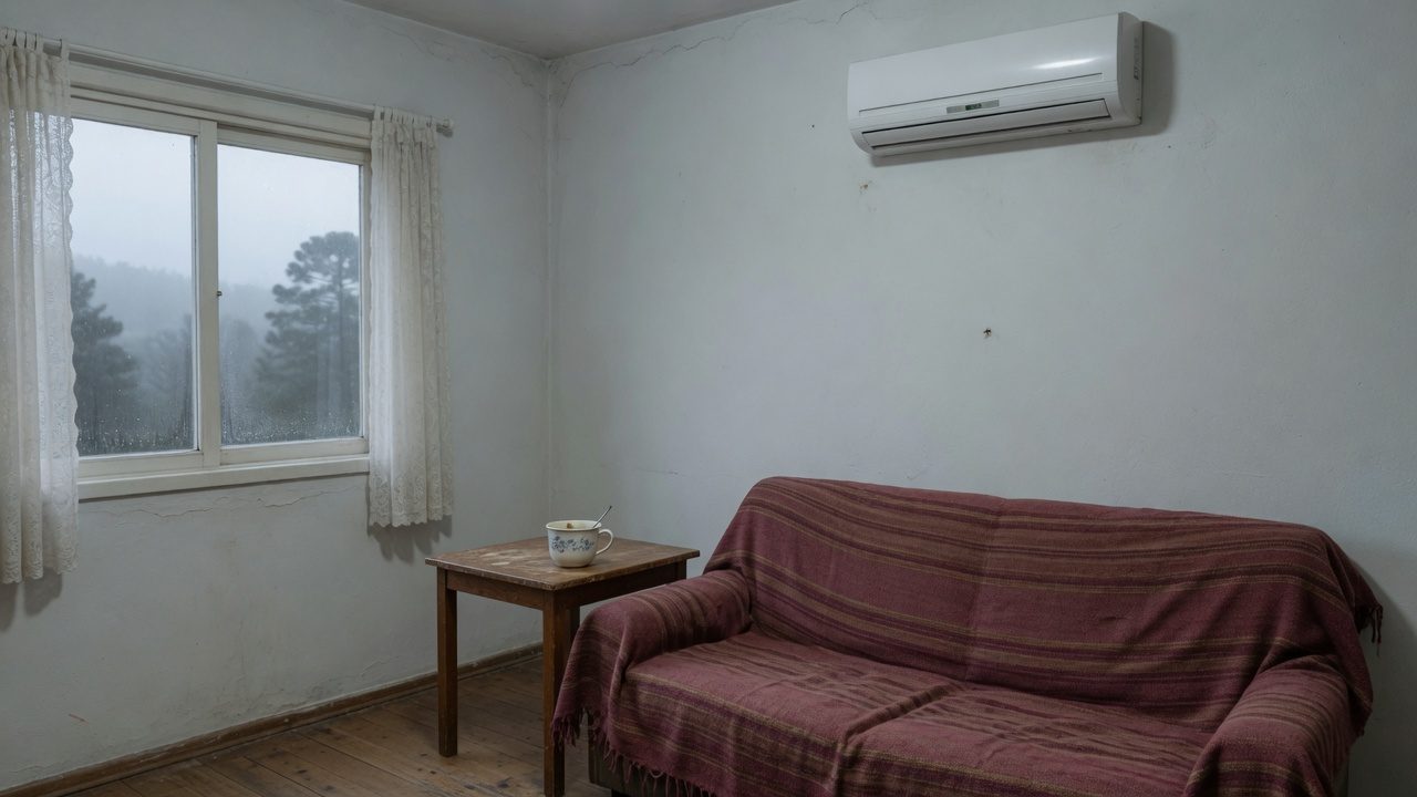 Sala modesta com evaporadora split na parede, sofá com manta e janela com neblina. Imagem de referência.